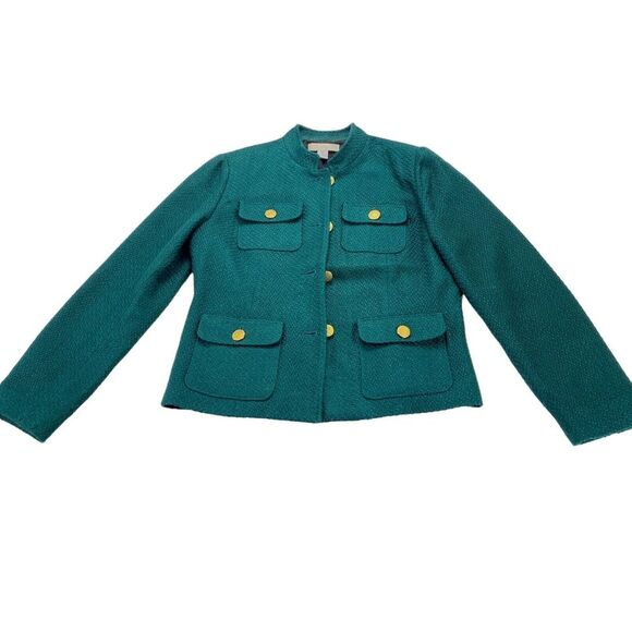 Chicos Tweed Jacket Women's Size 0 Green Long Sleeve Lined Gold Button Front - Picture 16 of 16
